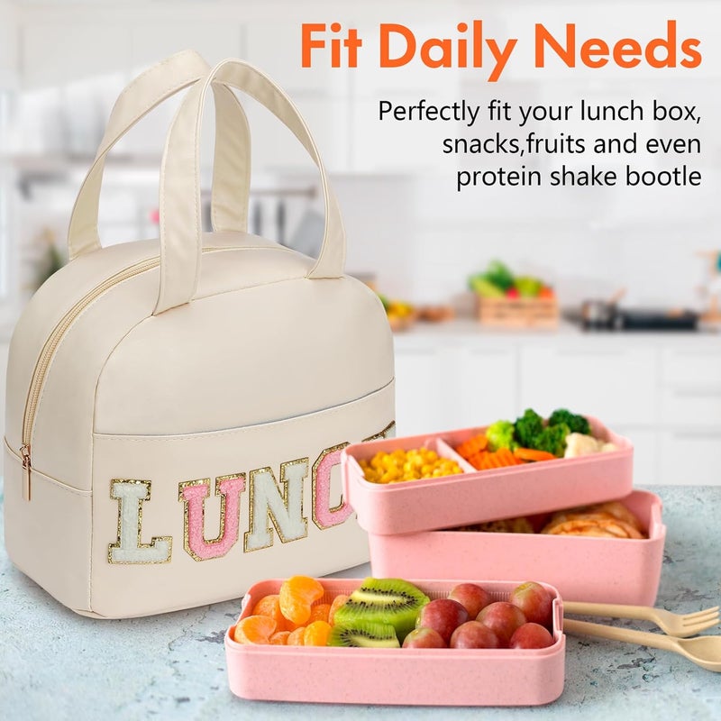 DIRGEE Lunch Bag for Women Insulated For Men PU leather Small Office Work lunch with Chenille Letters Leakproof Freezable Cooler Reusable Portable Box (White) - Image 5